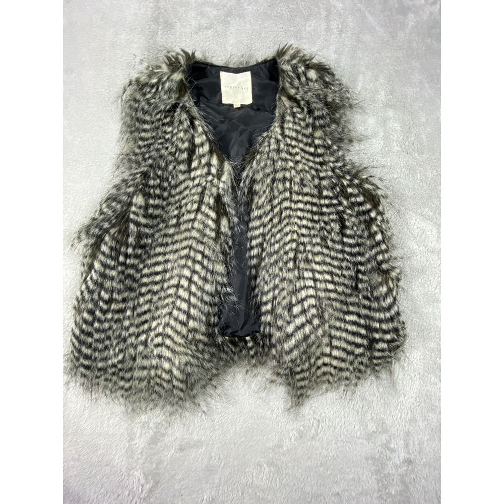 Copper Key Faux Fur Vest Girls 10/12 Gray Patterned Open Front Fuzzy Sleeveless